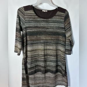 Sweater Brown Tan Striped 3/4 Sleeve  L Crushed Velvet Shoiulder